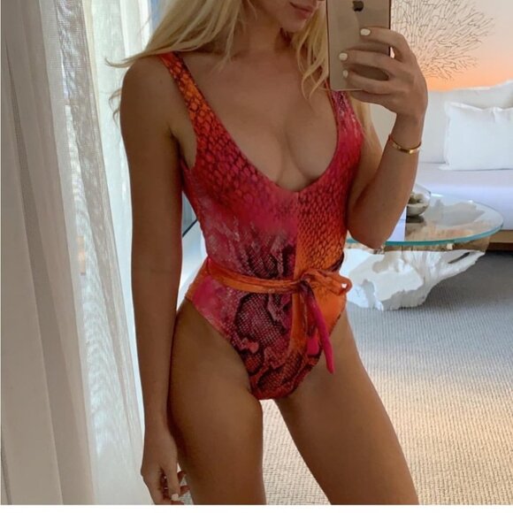 PrettyLittleThing One Piece Swimsuit Monokini Pink Orange Bright Snake Animal - Picture 2 of 14